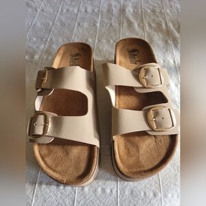 Beige Double-Buckle Slide Platform Sandals